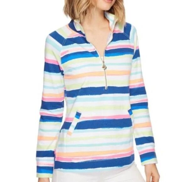 Lilly Pulitzer Skipper Popover Size XS Multi-Colored Stripe Cats Meow Print - Picture 1 of 14